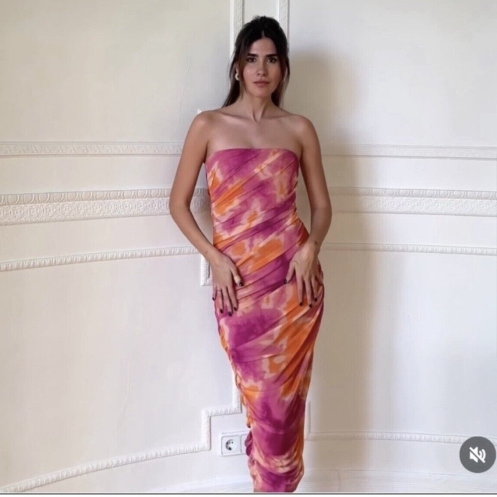 Zara Strapless Printed Tulle Midi Dress